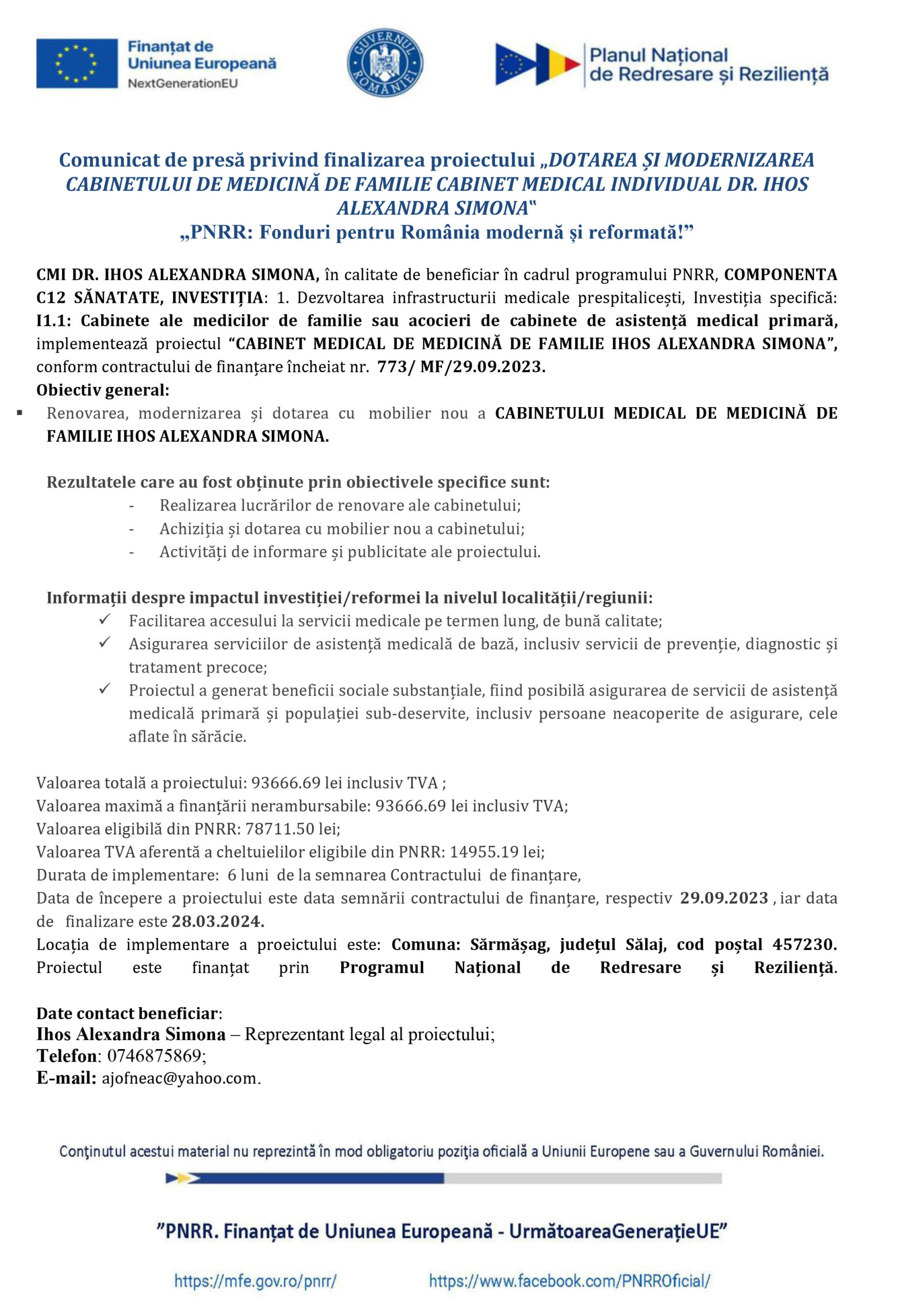 Finalizarea proiectului de modernizare a cabinetului medical al doctoriței Ihos Alexandra Simona.
